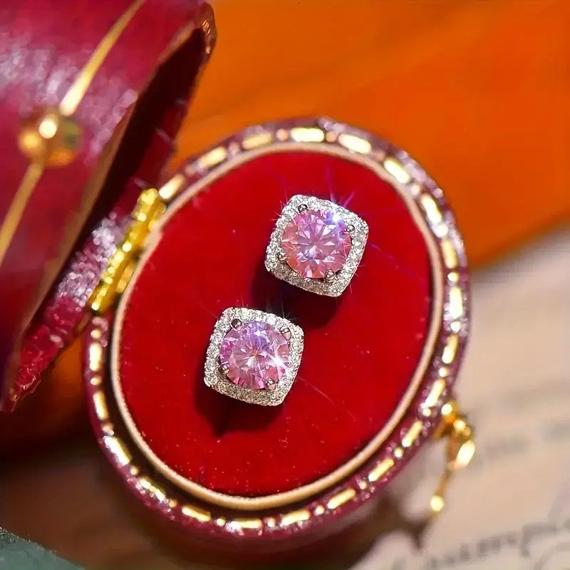 925 Silver Plating 1 Carat Pink 2 Fashionable Earrings for Men and Women 250517