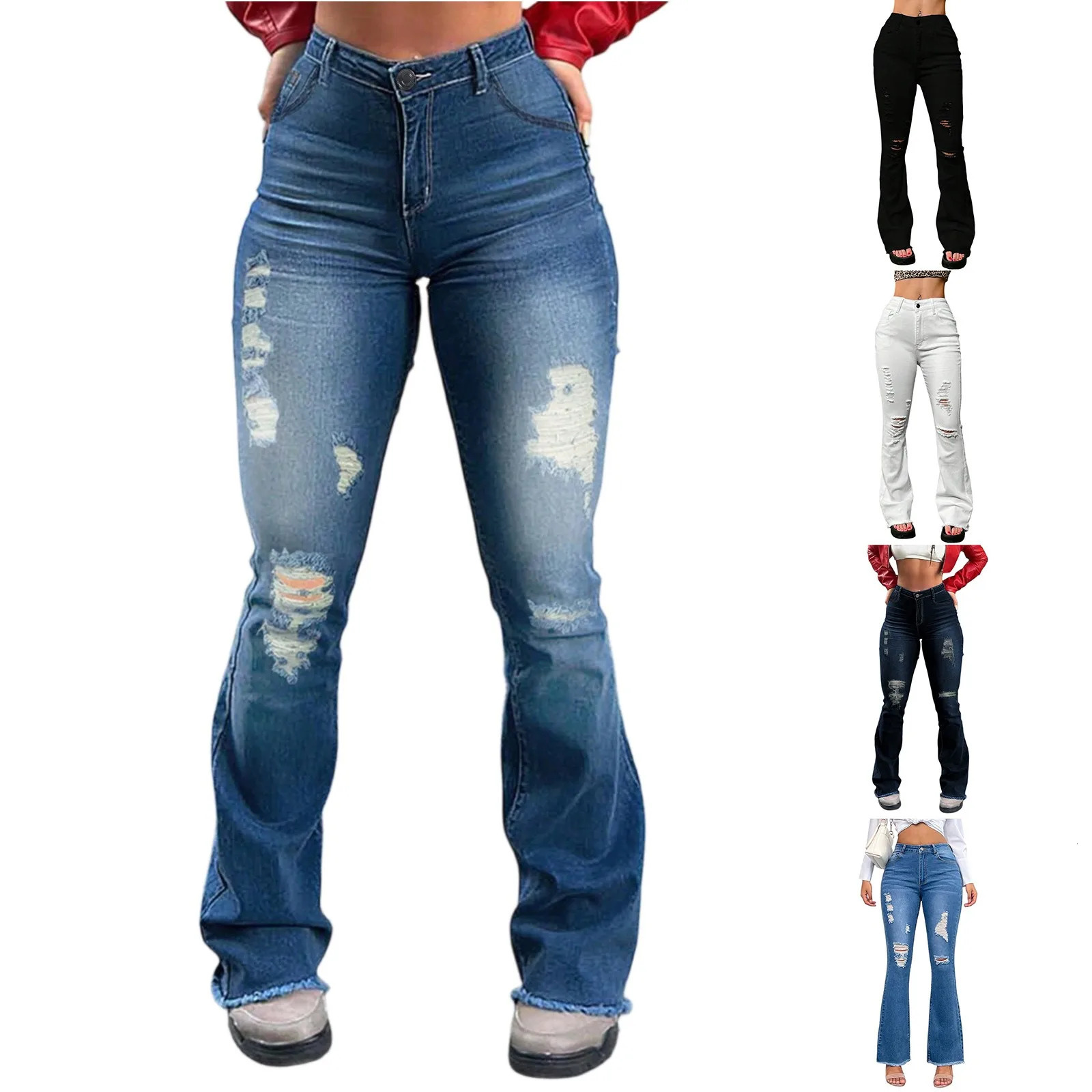 Spring Womens Ripped Jeans Cotton Slim High Waist Solid Color Sexy Denim Pants Fashion Street Flared Pants 250530