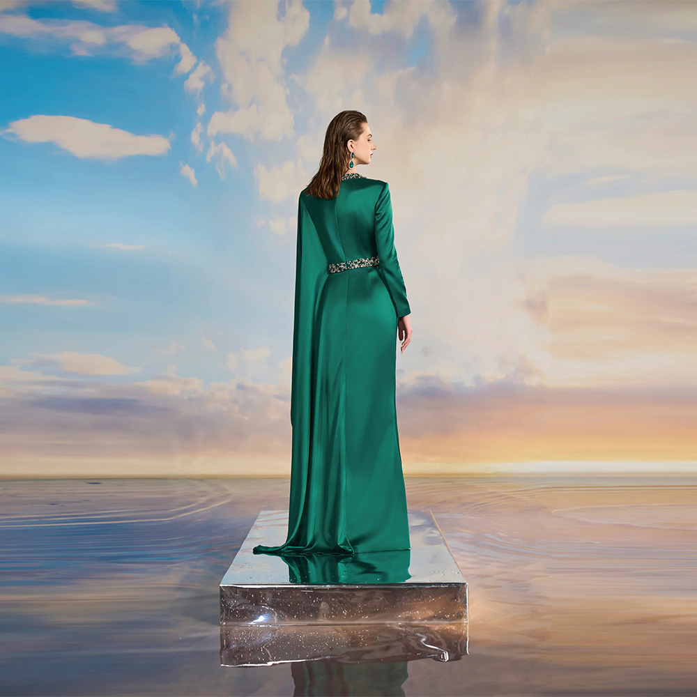 Classic Green Beaded Collar Evening Dresses Long Sleeves Jewel Prom Dresses Sashes Crystal Party Gowns