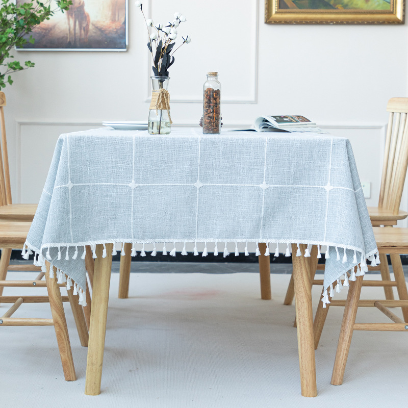 T0488 modern simple cotton and linen solid color checkered dustproof tablecloth rectangular tassel coffee table dining table hotel tablecloth table ma