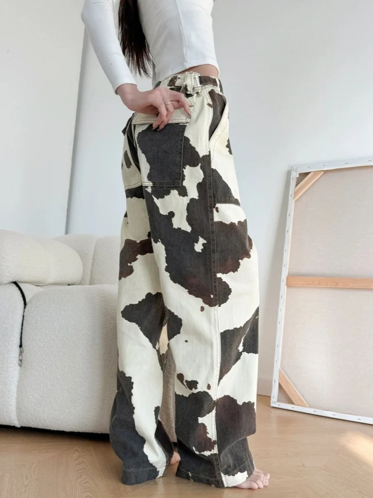 Ropa Y2K Fashion Cow Pattern Baggy Jeans Pants For Women ner Clothes Straight Cotton Korean Casual Lady Trousers 250530