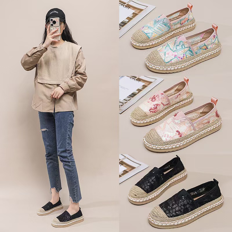 Flax Oriental retro breathable Loafers Faux pearls detail espadrille flats Simple mesh canvas women shoes 7c52 1ab6