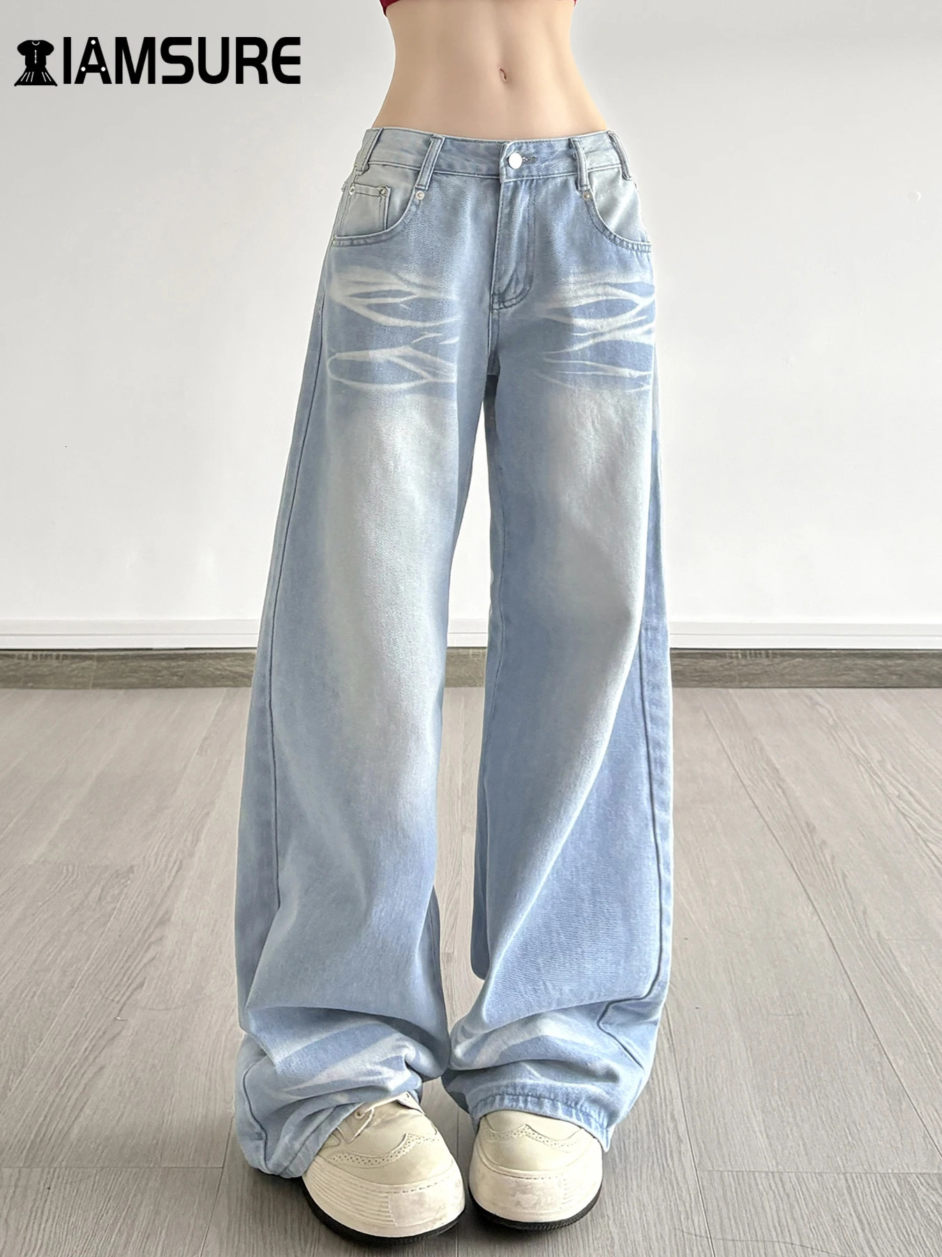 IAMSURE Casual Loose Jeans Wide Leg Pants Holiday Basic MidWaisted Straight Women Streetwear Trousers Elegant Capris 250530