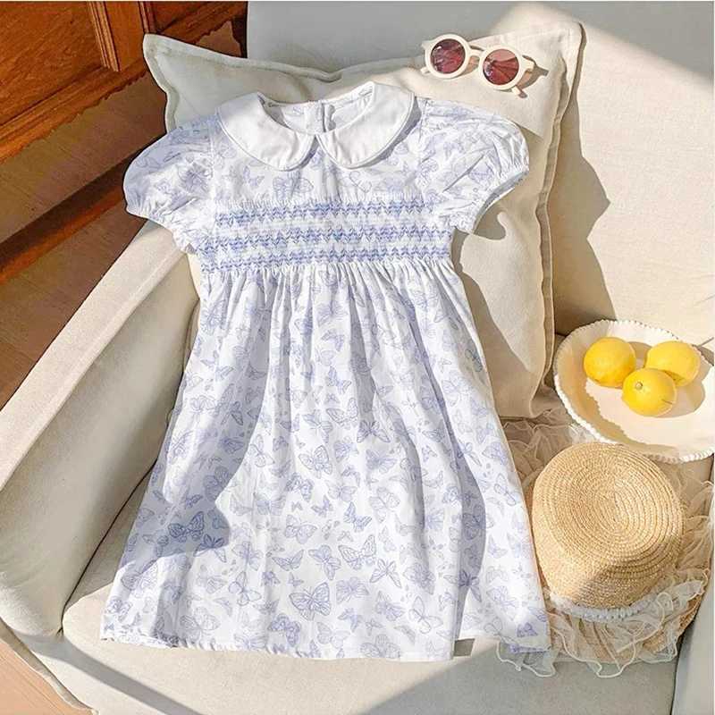 Baby Girls Princess Dresses New Summer Clothes Cotton Puff Sleeve Blue Butterfly Print Toddlers Vacation Kids Cotton Cute Dress R250530