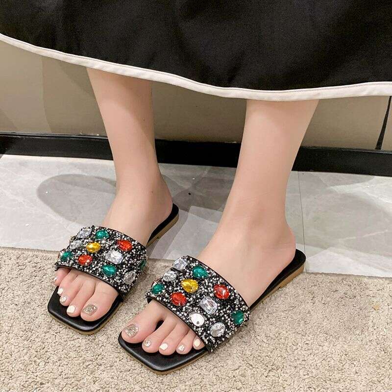 2025 Summer Large Diamond Flat Slippers Designer Sandals Women's Open Toed Cool Slippers Women's Outdoor Sandals Wholesale Free Shipping