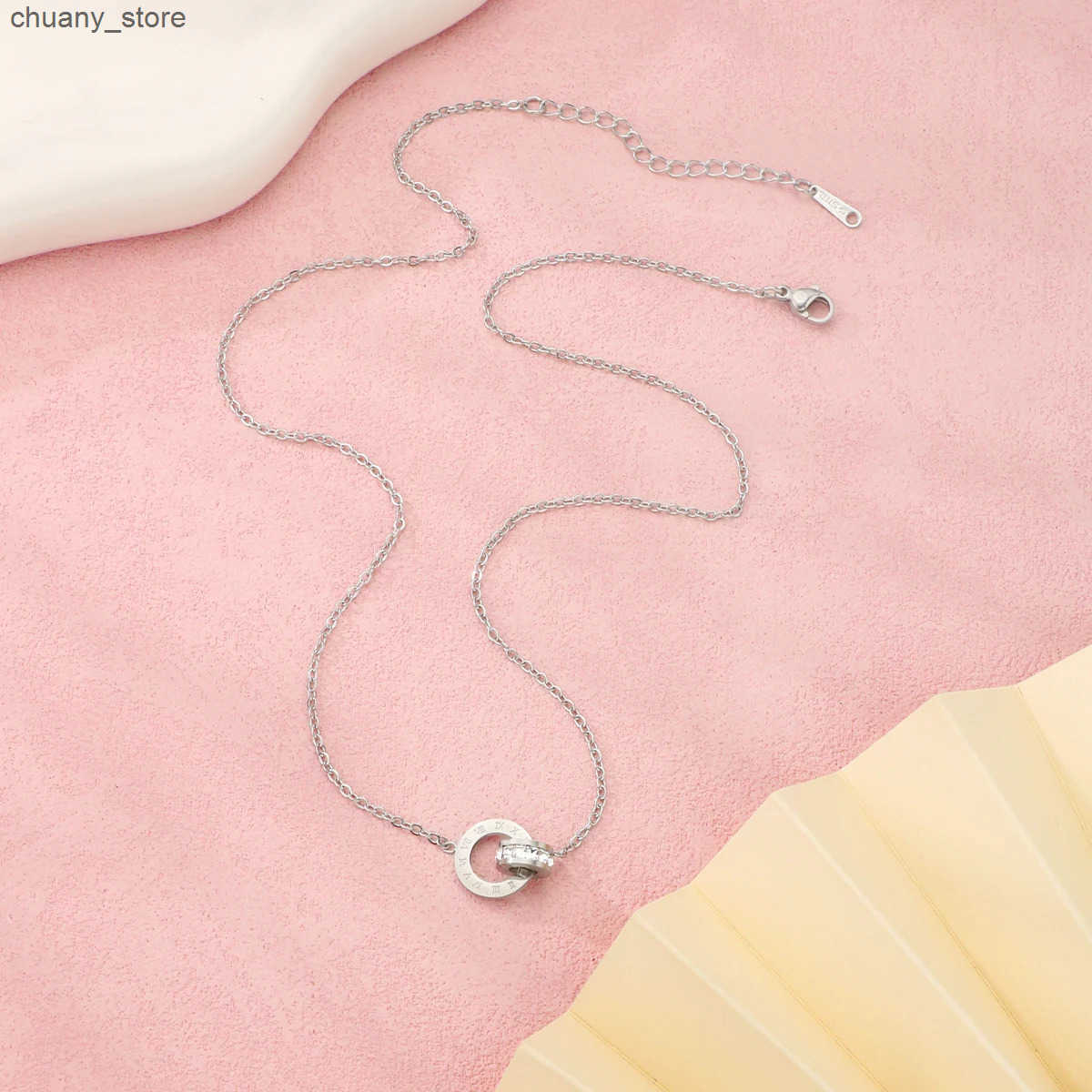 1 Piece New Creative Roman Digital Zircon Pendant Necklaces for Women Popular double ring hollow round stainless steel necklace z250530ZKQ0