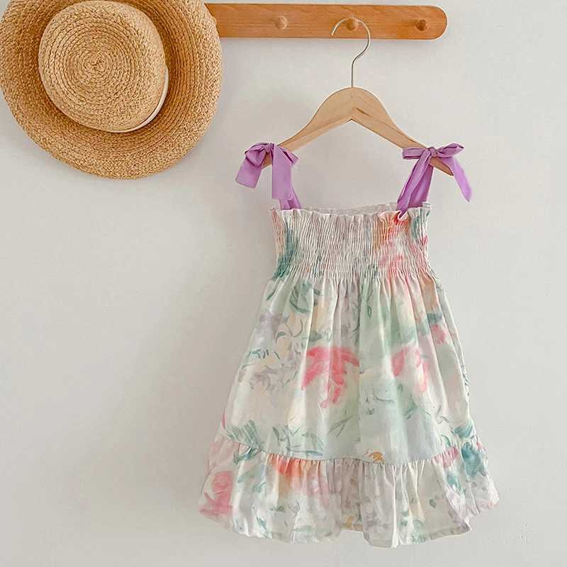 1-6Yrs Toddler Clothing Girls Beach Floral Dress Summer Purple Bow Dress Cozy Baby Cotton Smocked Slip dress Girls Boho Dress R250530