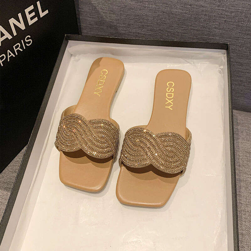 Fashionable Rhinestone Women's Shoes For Summer 2025, New Plus Size Sandals For Outdoor Wear, One Line Women's Slippers, Designer Sandals