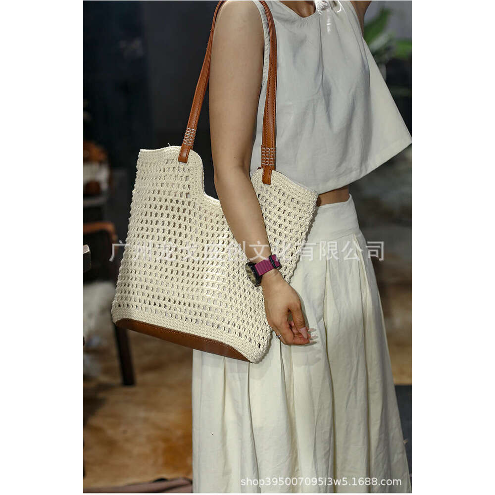 Tote Bag Leather Bag Genuine Leather Underarm Summer High Value Beach Outing Straw Woven Handmade Commuting Large Capacity Tote Bag Shopping Shoulder 