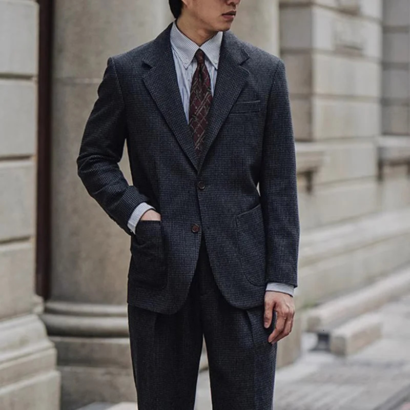 Retro British Houndstooth Plaid Slim Wool Suit Spring and Autum Thickeneded Tweed Casual Suit Jacket for Men 250527