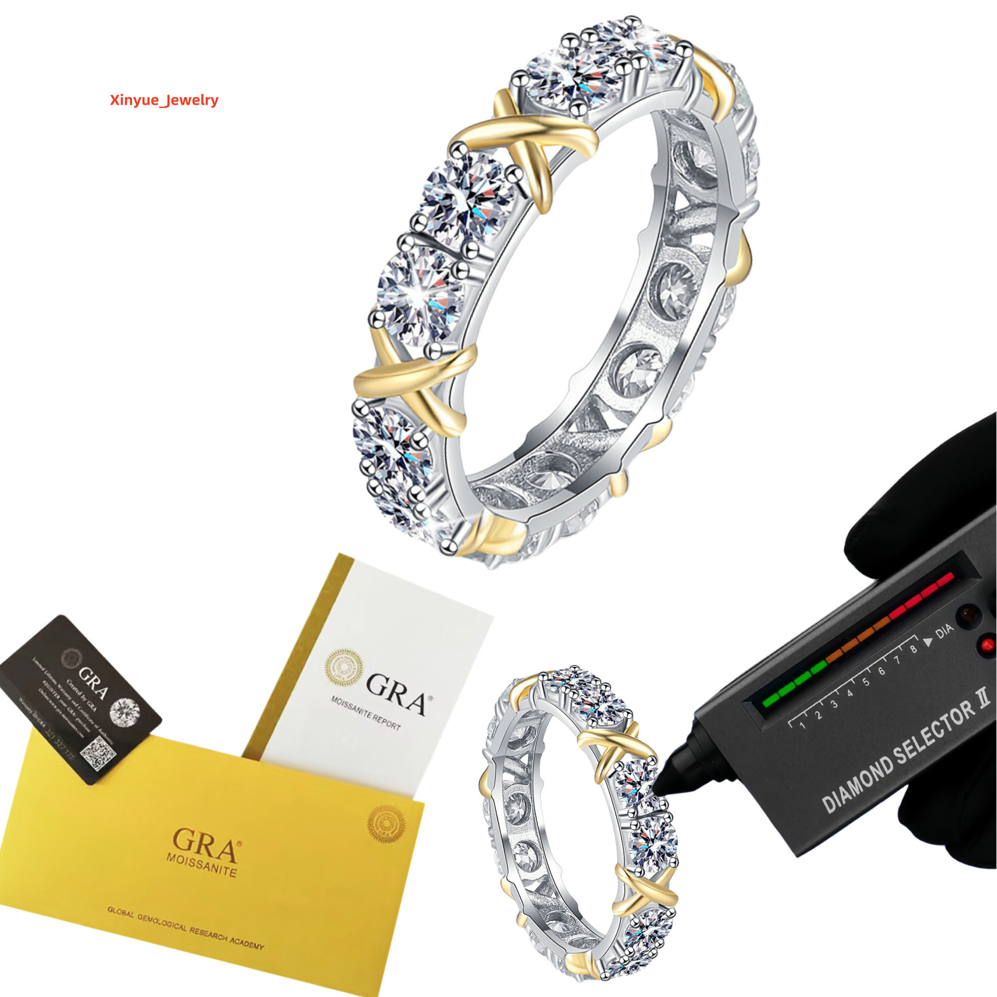 S925 Pure Silver Moissanite Ring Elegant Two-Tone Eternity Band Design Classic Cross Two-Color Row Proposal Weddings