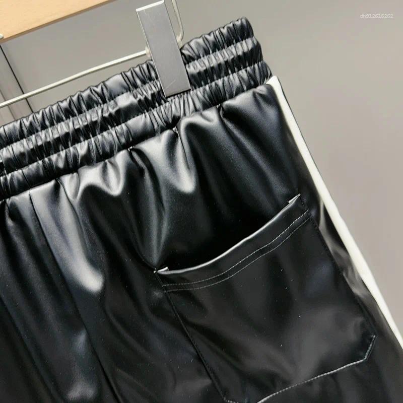 Men's Shorts Leather Black Side Bar Red White Stripe Short Pants Men Women Summer Trend Casual Drawstring Shortpant Breeches