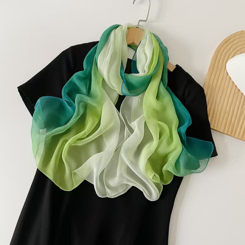T846 Rainbow Color Silk Scarf Women's Spring New Cross-border Pearl Chiffon Shawl Female Bright Pink Gradient Color Headscarf Scarf