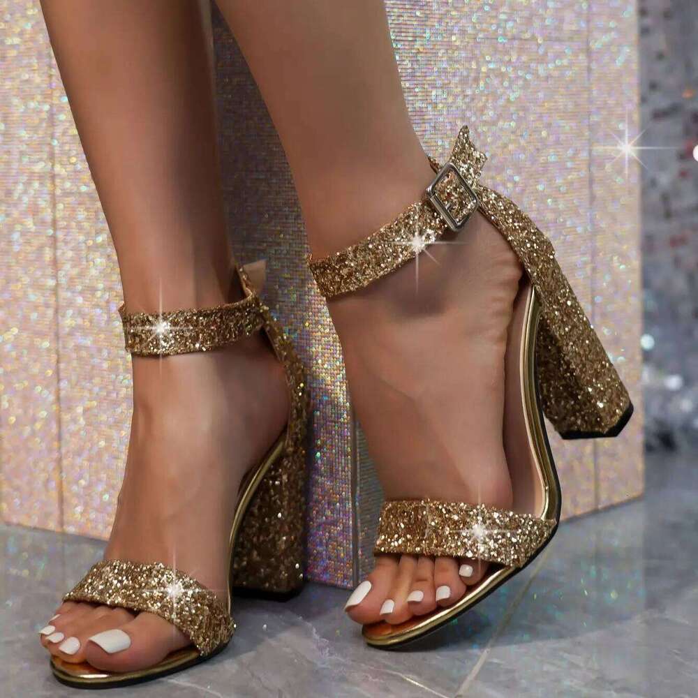 Xibeilove 2024 New Women Sandals Shiny Bow Sequins Gold Sier Buckle Thick High Heels Party Wedding Shoes