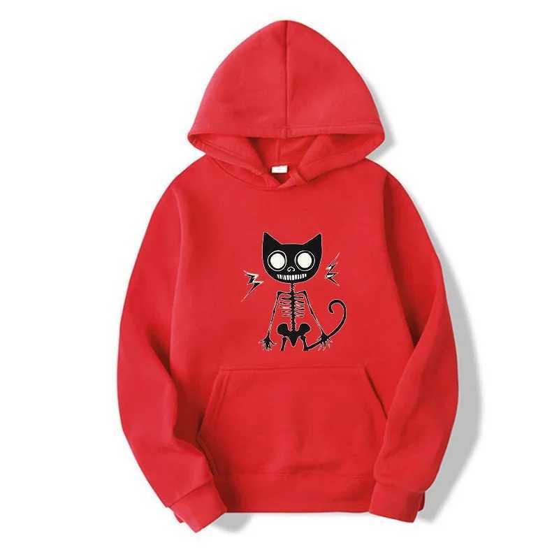 Spring and Autumn Mens Cat Skeleton Printed Hoodies Loose Sweatshirts Male Sportswear Fashion Pullovers Top W250530