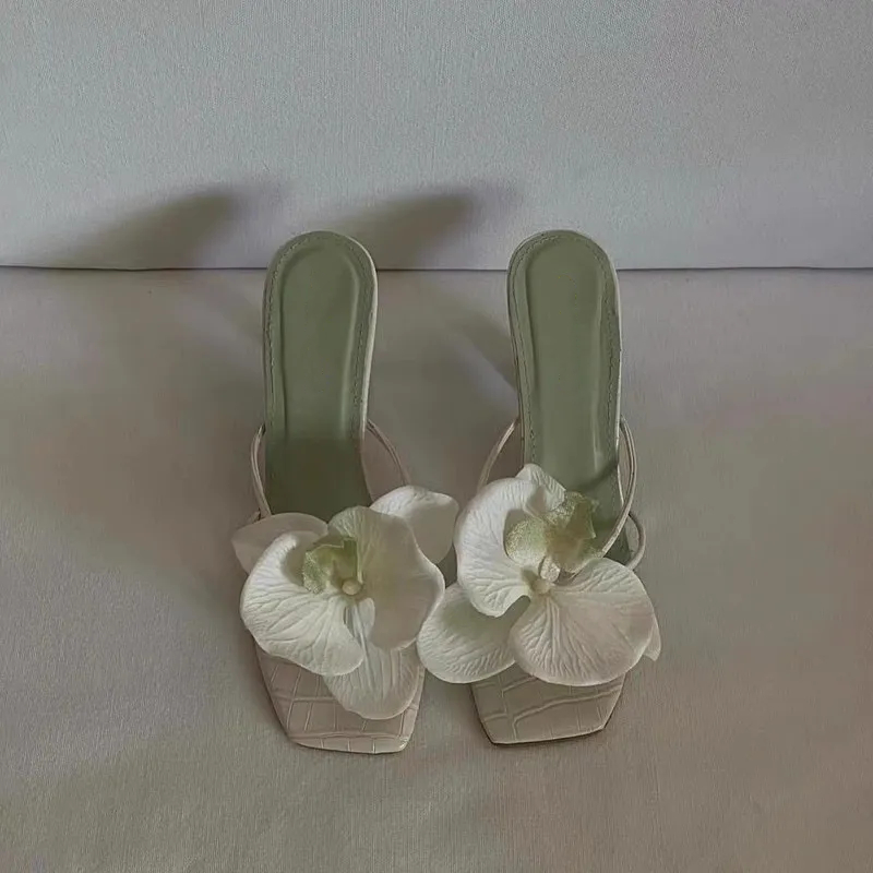 Mixed Colors wer Womens Slippers Pink Green Orchid Decor Square Toe 8CM High Heels Summer Sweet Hollow Party Female Shoes ashoesfactory