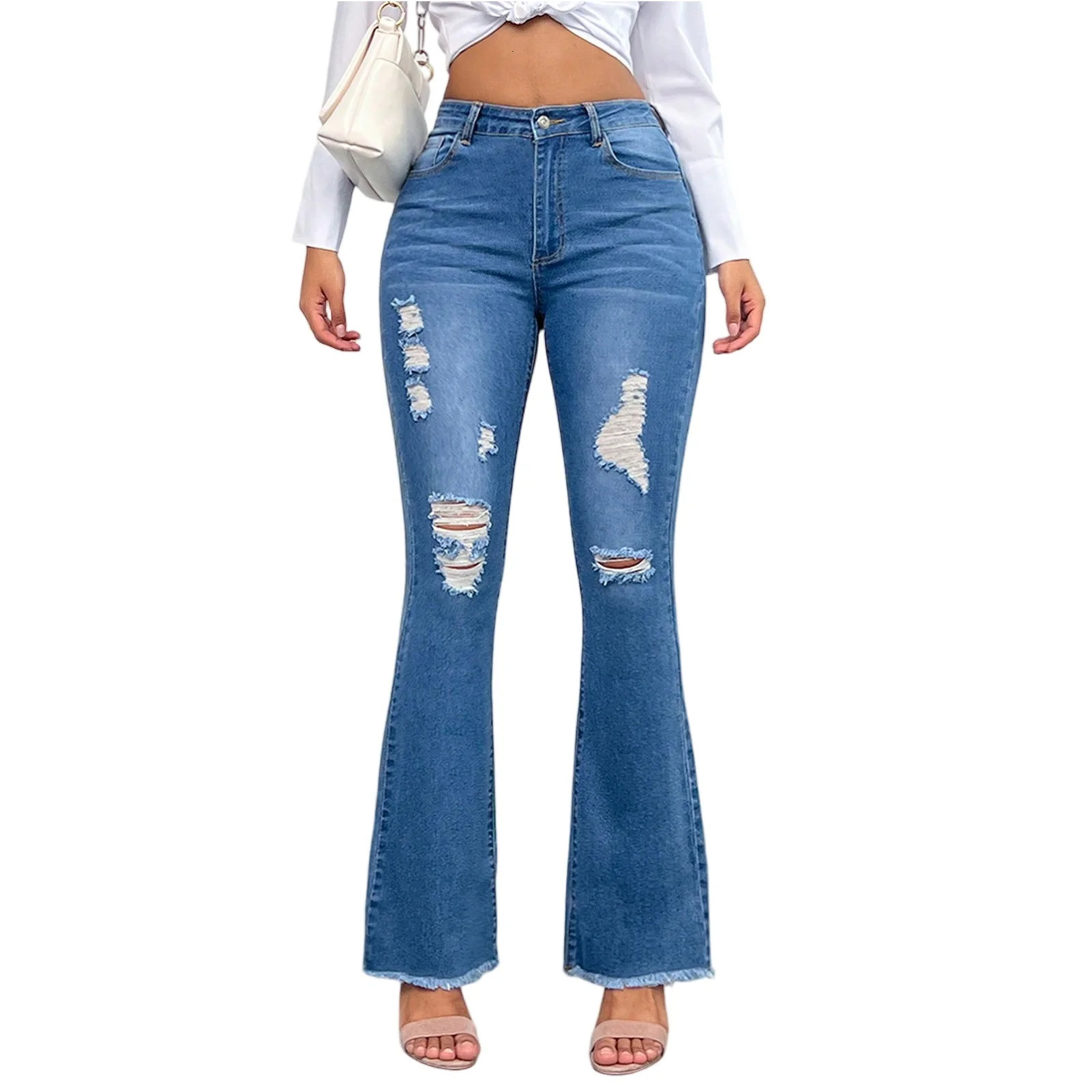 Spring Womens Ripped Jeans Cotton Slim High Waist Solid Color Sexy Denim Pants Fashion Street Flared Pants 250530