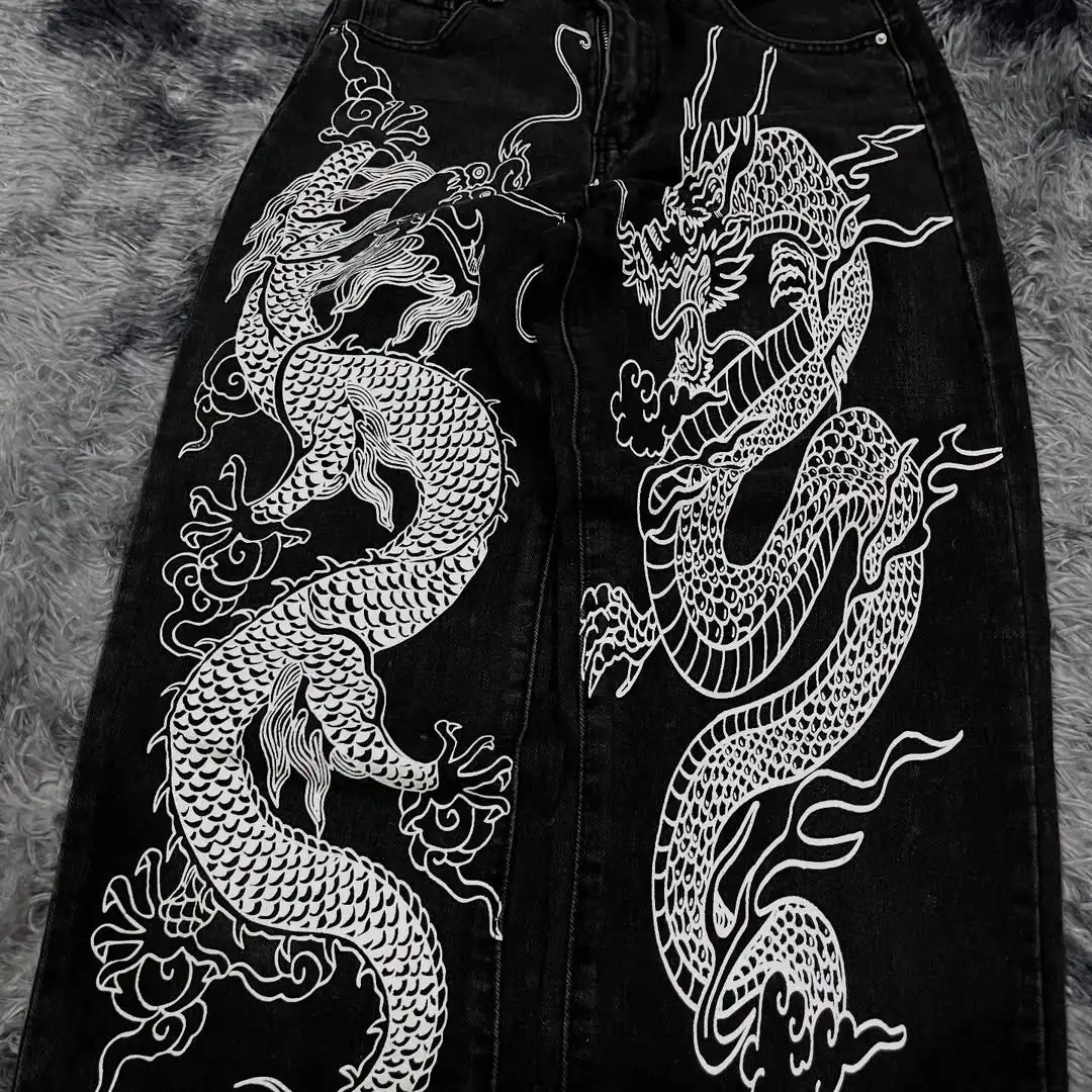 Trendy American Dragon Print Loose Jeans Women Hiphop Harajuku High Waist Wideleg Fashion Joker Retro Black Trousers 250530