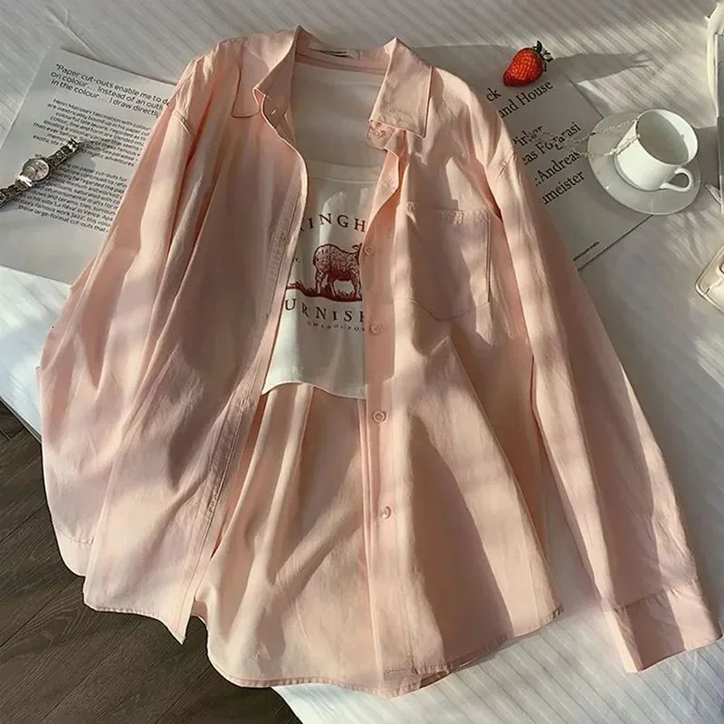 Lucyever Solid Color Long Sleeve Shirt Women Korean Fashion Loose Single-Breasted Blouses Casual Versatile Simple Lapel Blusas 250527