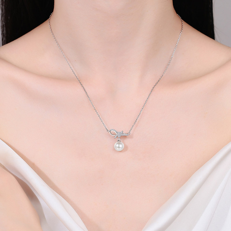 925 Sterling Silver Moissanite Pearl Bow Collarbone Necklace Minimalist Sweet Cute Girl Pendant