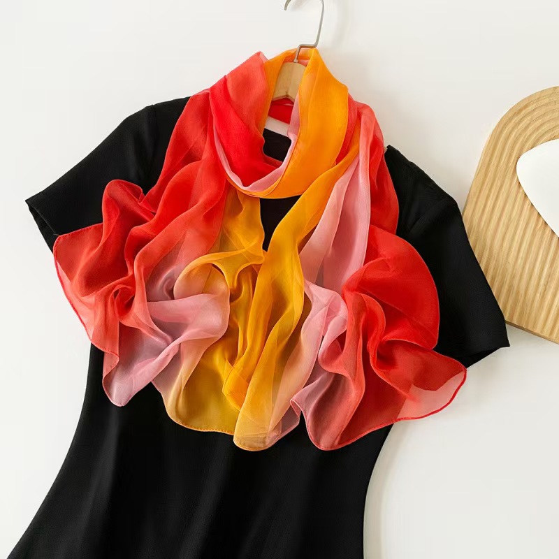 T846 Rainbow Color Silk Scarf Women's Spring New Cross-border Pearl Chiffon Shawl Female Bright Pink Gradient Color Headscarf Scarf