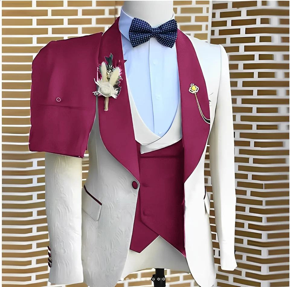 Elegant WhiteJacquard Suits Men For Wedding Formal Jacket Vest Pants 3 Pieces Groomsman Tuxedos Tailored Male Fashion Clothing 250529