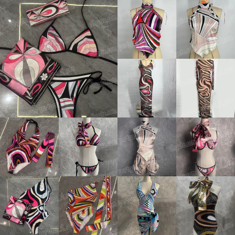 Women Sexy Multicolored Swimwear With Scarf Designer Elegant Dress Beachwear Charming One Piece Swimsuits Travel Holidays Dresses Bathing Suits