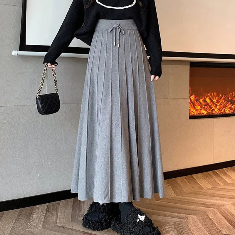 Rimocy Vintage Knitted Long Skirts for Women Winter High Waist Sweater Pleated Skirt Woman Solid Color All Match A Line Skirts 250527