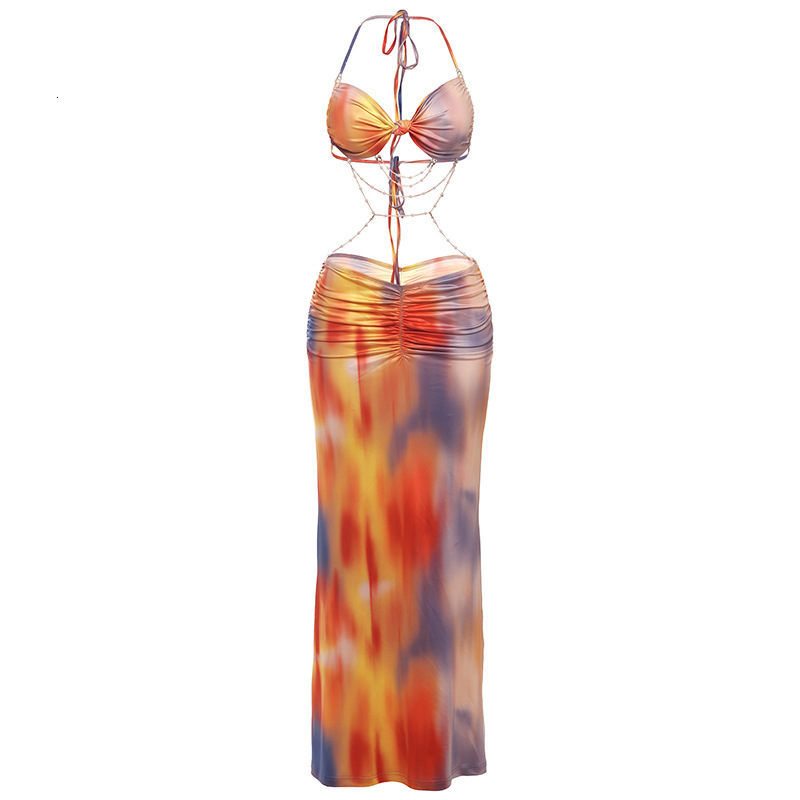 designer dress 2025 spring new women's halter tie beaded chain decor slim fit backless sexy hot girl dress dresses for woman