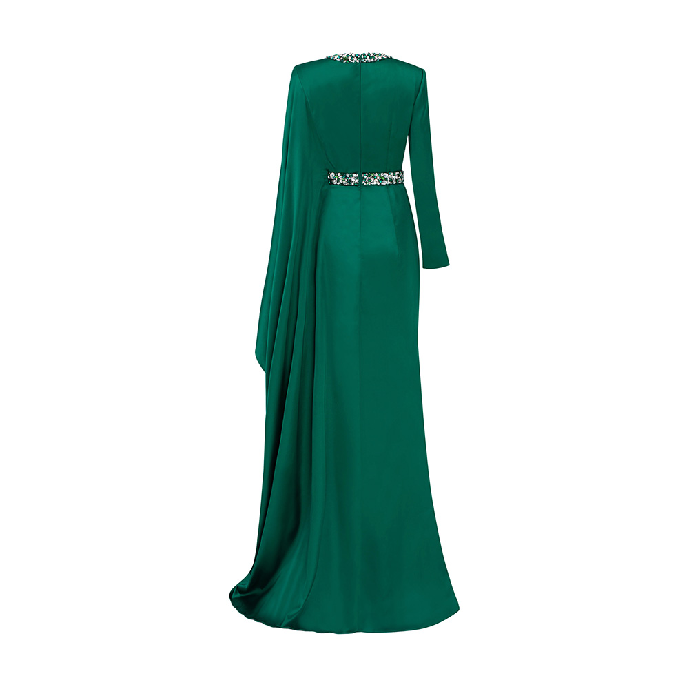 Classic Green Beaded Collar Evening Dresses Long Sleeves Jewel Prom Dresses Sashes Crystal Party Gowns