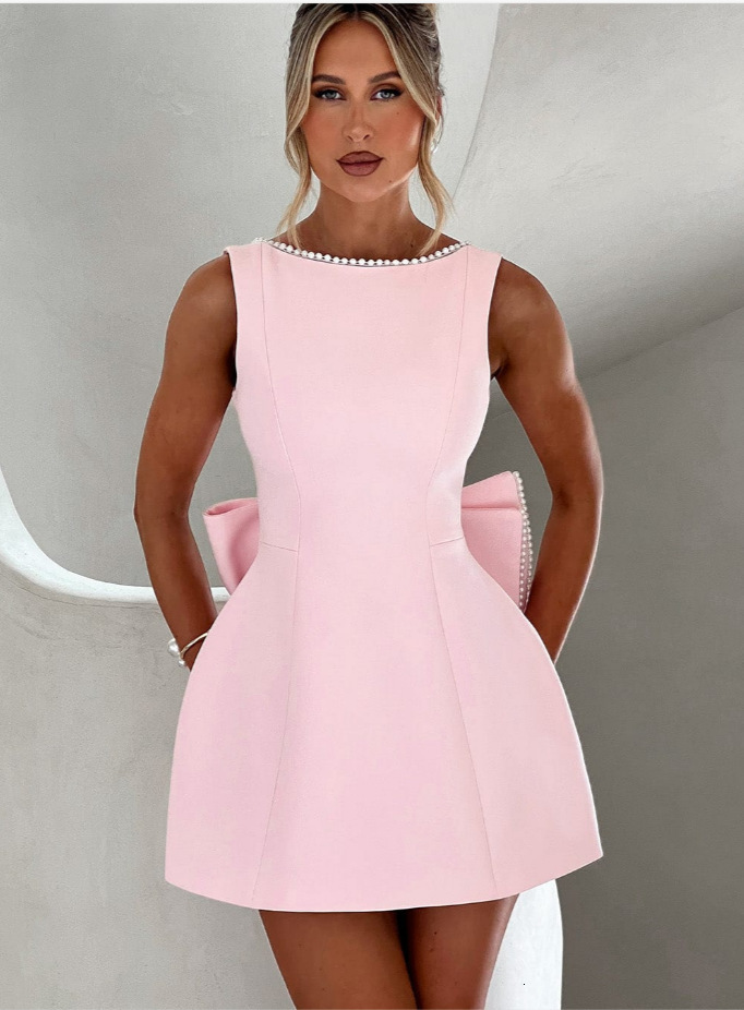 designer dress summer women's fashion pearl bowknot slim fit short backless hot girl aline dress dresses for woman