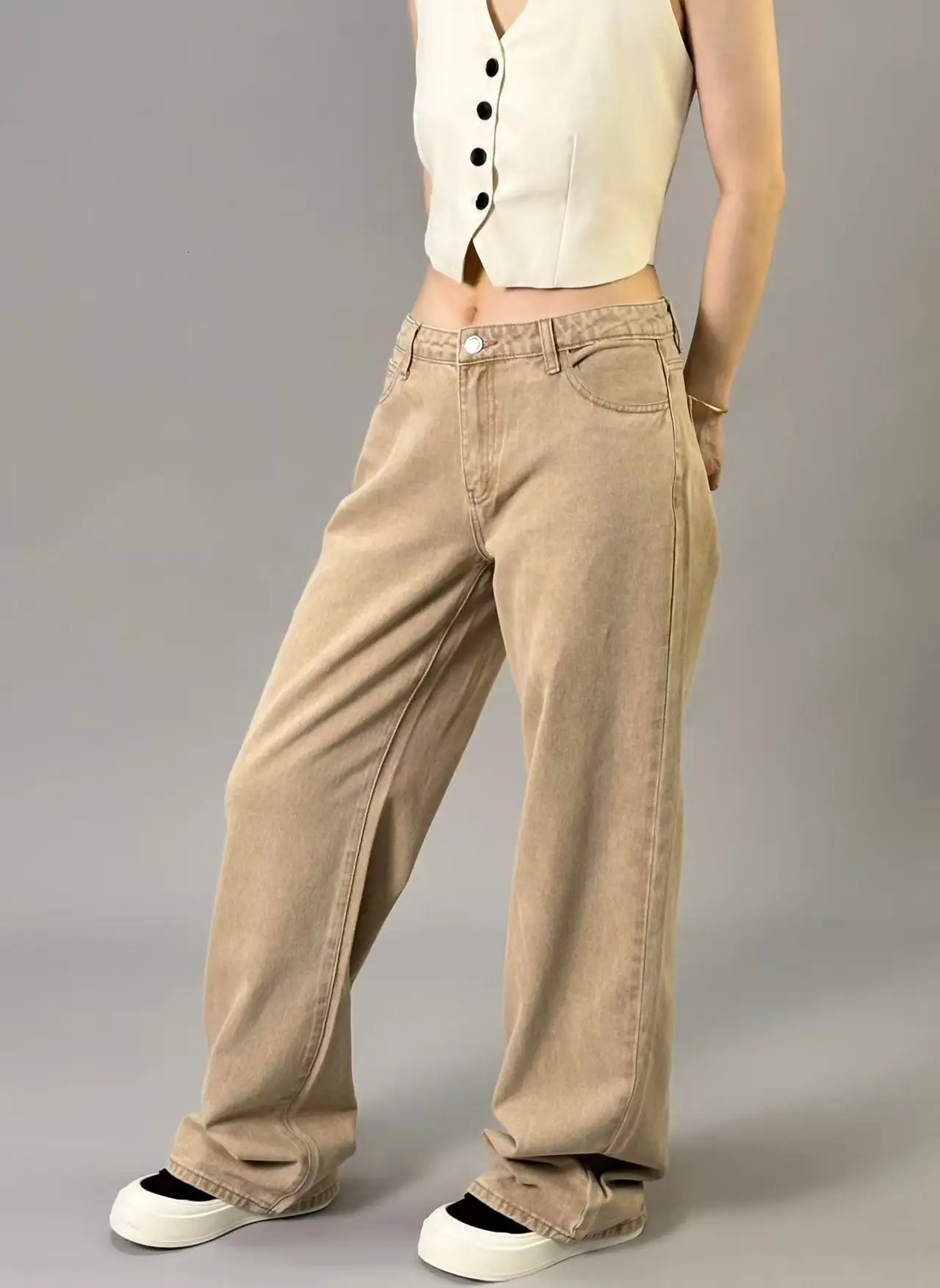 American style khaki brown wide leg denim pants for women in spring High waist Slimming and soft draping floor lengt 250530