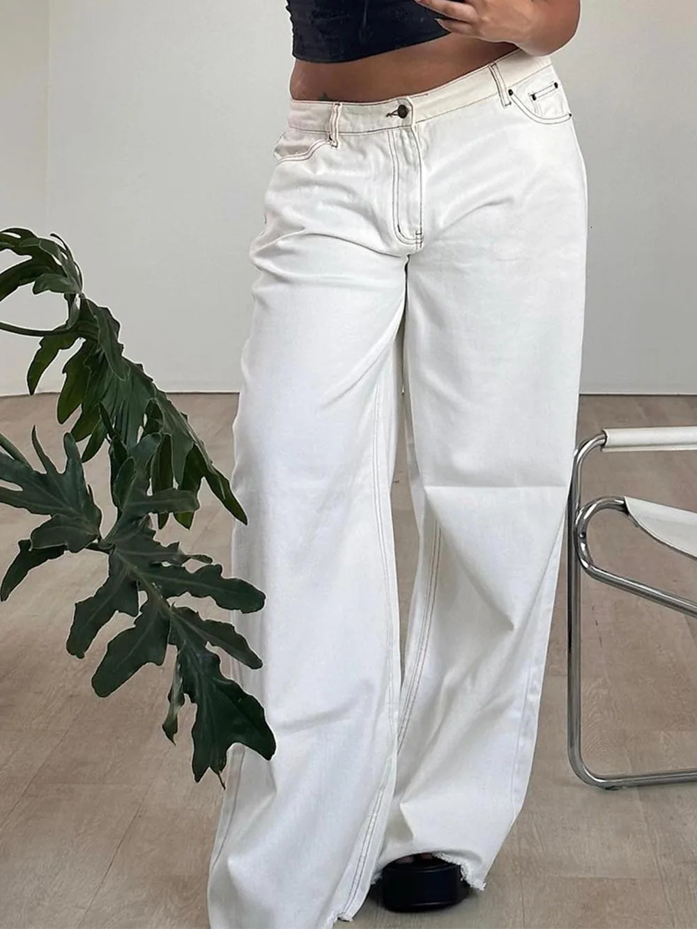 Loose Baggy Jeans Fashion Women Solid Elastic Waist Pocket Y2K Retro Denim Pants Elegant Office Lady Commute Trousers 250530