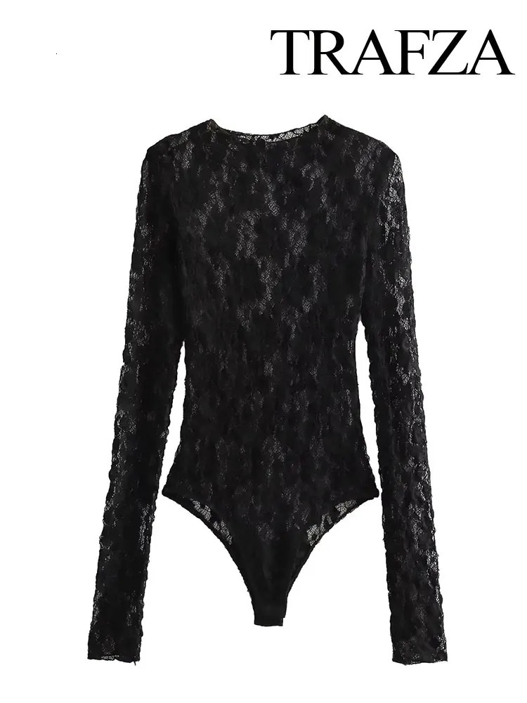 TRAFZA Summer Lace Jumpsuits For Women Fashion Long Sleeves Hollow Out Slim Onesies Female Chic Wild Womens Bodysuits 250530