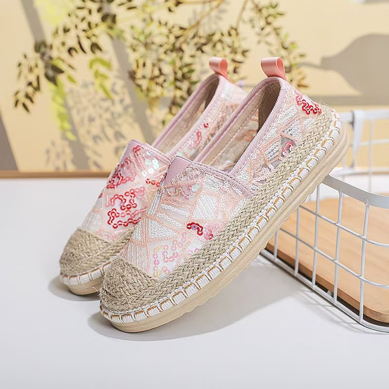 Flax Oriental retro breathable Loafers Faux pearls detail espadrille flats Simple mesh canvas women shoes 7c52 1ab6