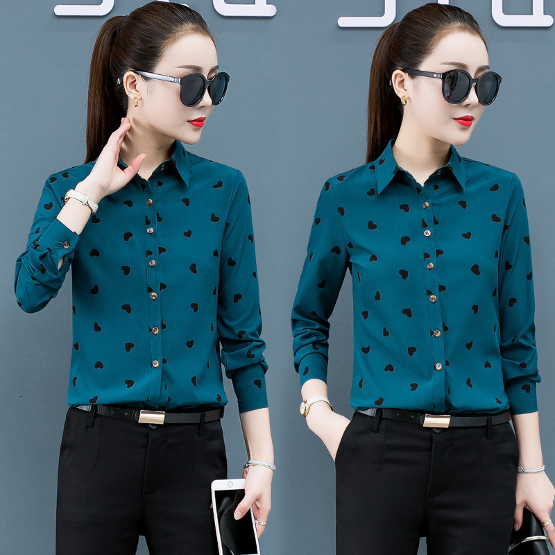 Spring and autumn new printing yellow red white shirt womens long sleeved chiffon blouse womens Korean slim 210315