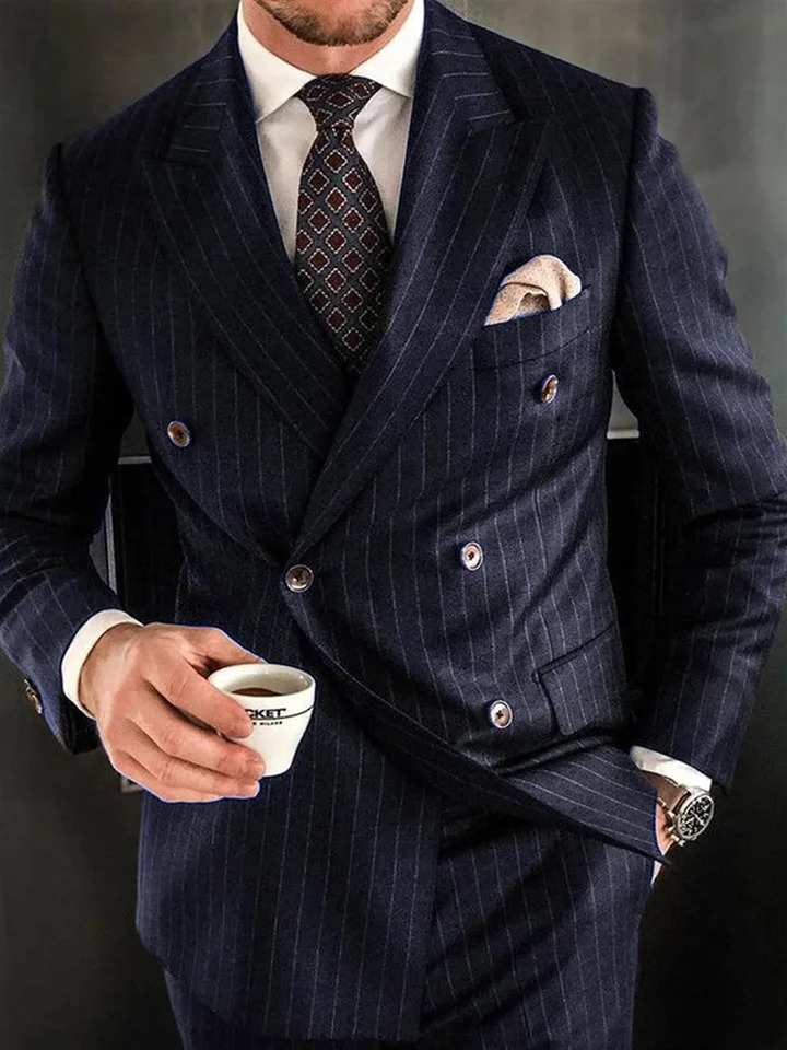2 Piece Chic Pinstripe Navy Blue Men Suits Set High Quality Formal Double Breasted Lapel Suit Slim Fit Smart Casual Tuxedo 250529Z