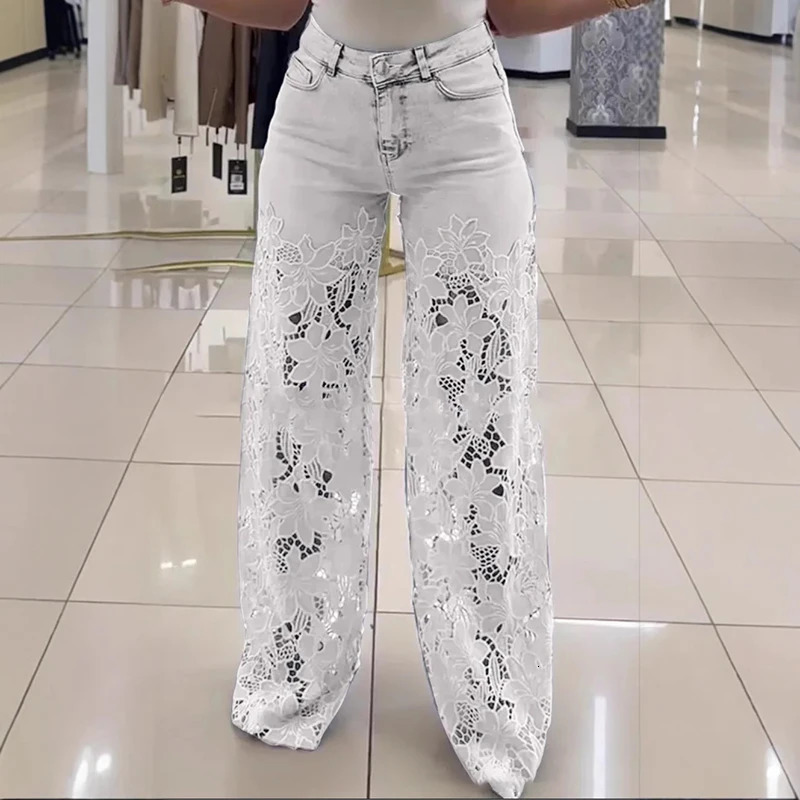 Y2K Elegant High Waist Womens Jeans Sexy Crochet Spliced Lace Hollow Out Flower Trousers Summer Streetwear Denim Pants Harajuku 250530