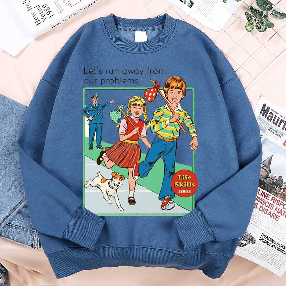 LetS Run Away From Our Problems Comics Print Hoodie Men Women Clothes Fashion Comfortable Soft Hoody Japan Harajuku Sweatshirts W250530