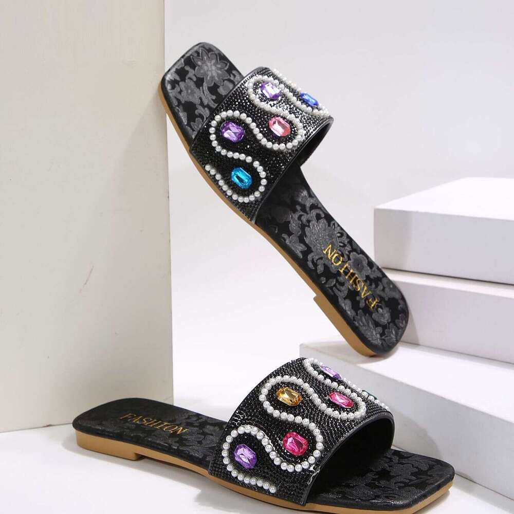 Beaded Colored Diamond Flat Sandals For Women's Outdoor Wear In The Summer Of 2025 New Plus Size Square Toe Casual One-piece Slippers Designer Sa