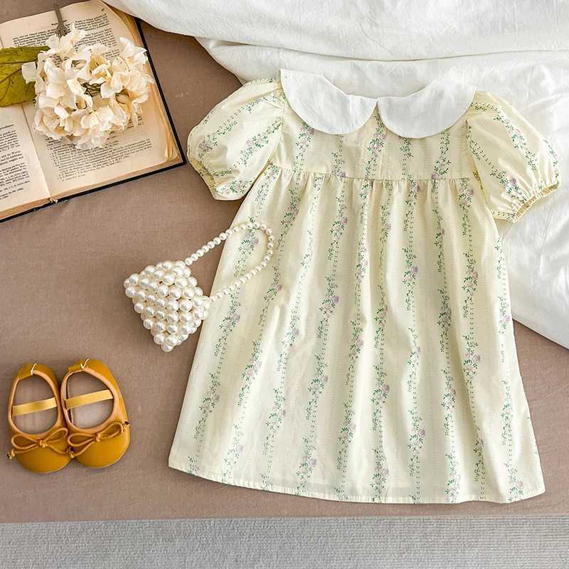 New Girls Clothes 1-6Yrs Baby Girls Dresses Floral Purple Puff Sleeve Dress Summer Dresses Embroidered Collar Boutique Clothes R250530
