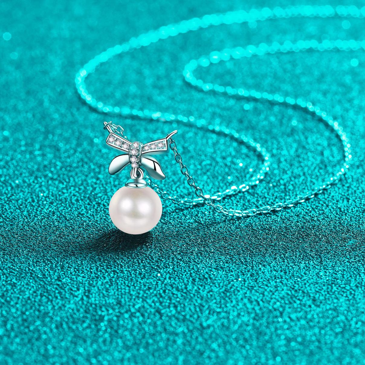 S925 Sterling Silver Moissanite Pearl Bow Pendant Clavicle Necklace Sweet Cute Girlish Minimalist Fashionable High-End Jewelry
