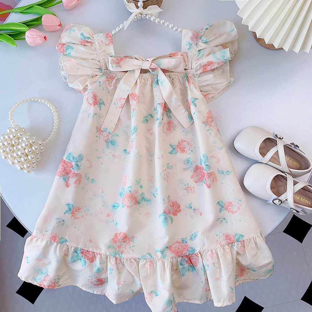 New Summer Girls Dress With Ruffles Flying Sleeves Flower Print Dress Girls Kids Cute Fresh Print Princess Dress R250530