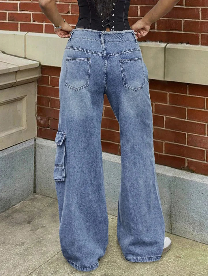 Summer Women Jeans with Pockets Trendy Vintage Daily Wear Pants Party Tassel Full Length OL 90s High Quality Retro Blue 250530