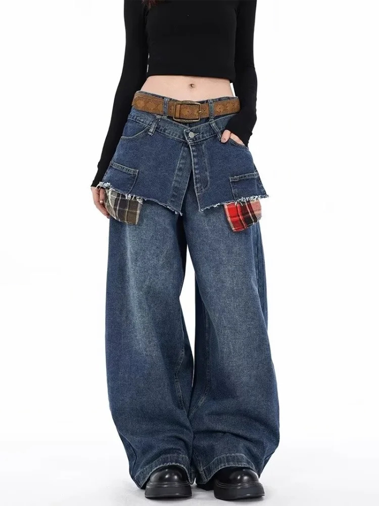 Ropa Y2K Streetwear Plaid Patchwork Baggy Stacked Jeans Pants For Women Clothing Vintage Blue Wide Leg Lady Denim Trousers 250530