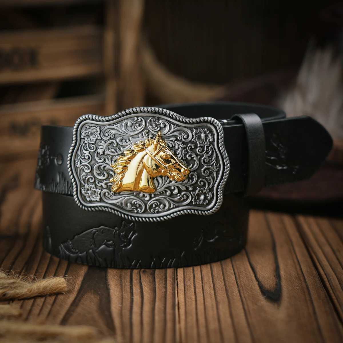 Western Cowboy Leather Buckle Belts Horse Pattern Floral Engraved Buckle Belt for Men Z250530