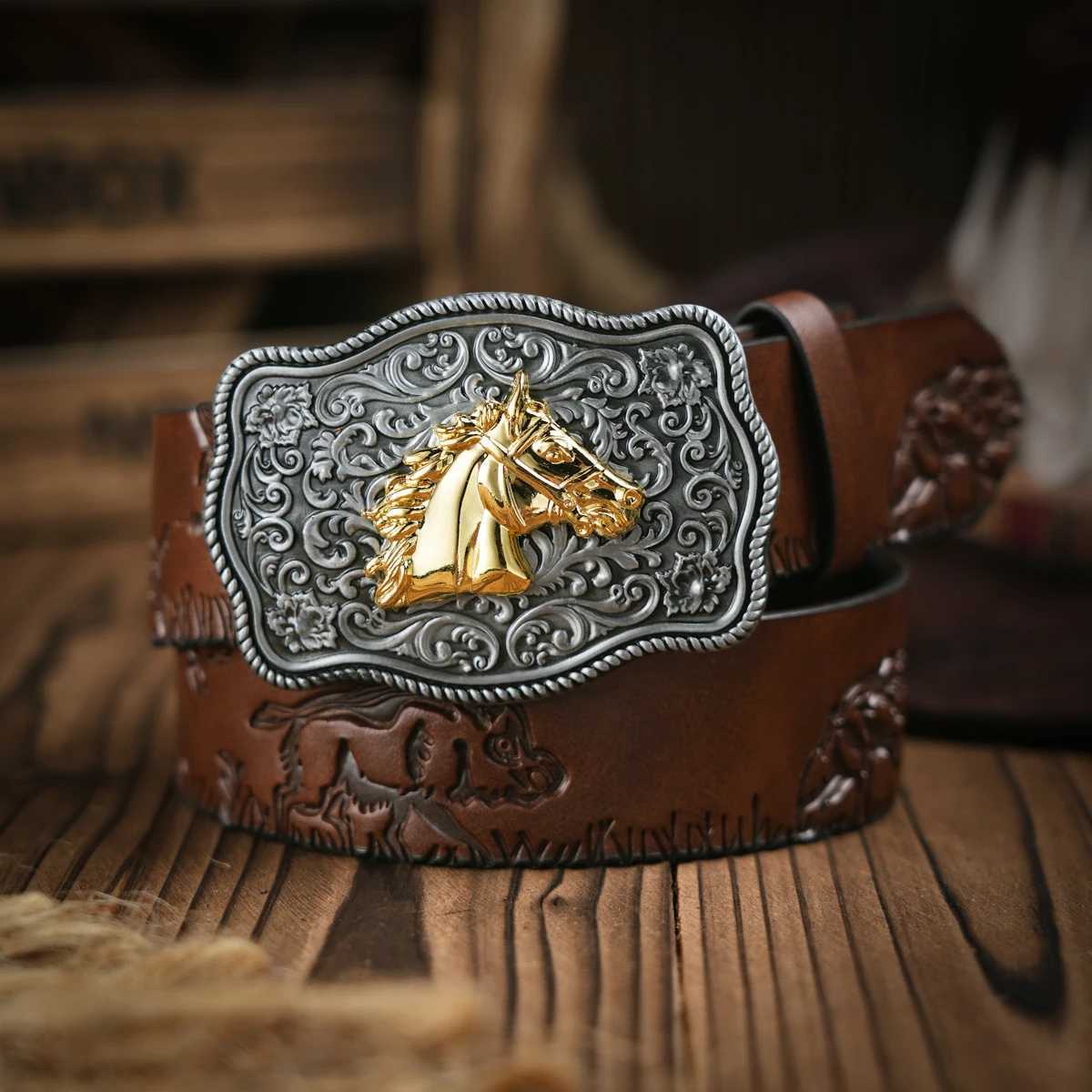 Western Cowboy Leather Buckle Belts Horse Pattern Floral Engraved Buckle Belt for Men Z250530