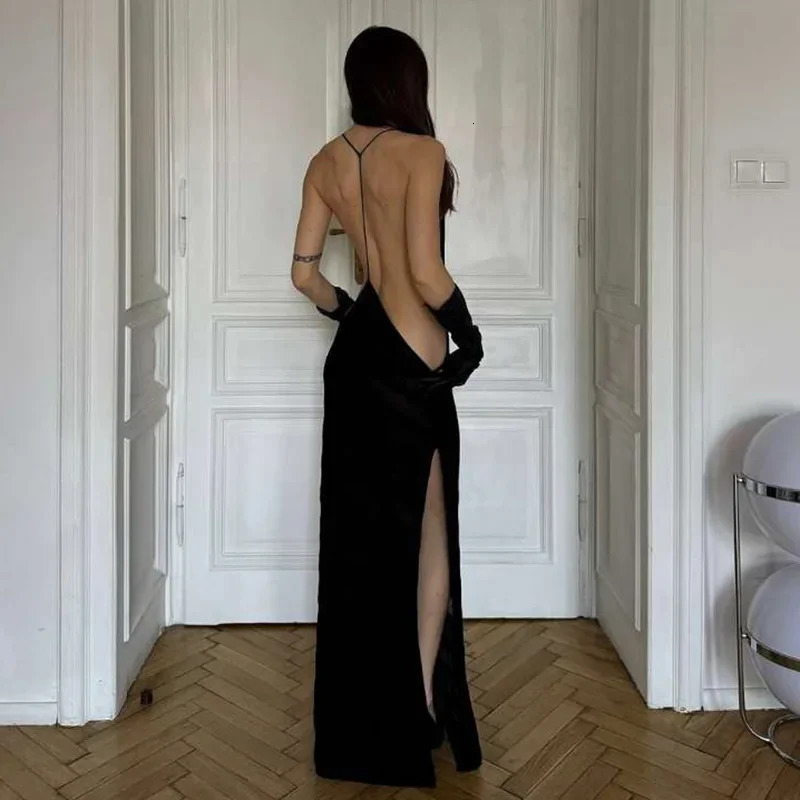 Mesh See Through Sexy Halter Party Club Maxi Split Dress Outfits Women Summer Sleeveless Backless Bodycon Long Dresses Vestido 250527