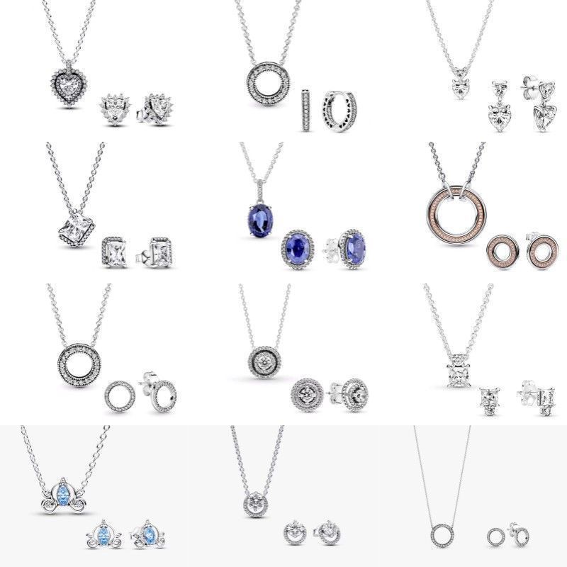 New S925 Silver Shining Round Halo Double Panjia Dora Surround Heart Clavicle Necklace Earrings Set for Women