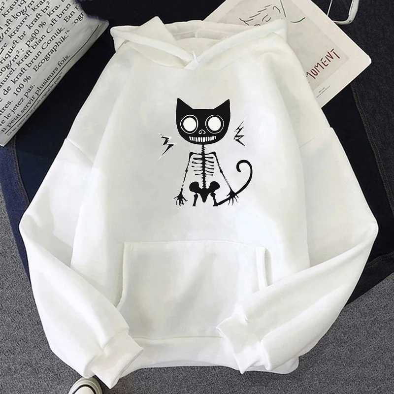 Spring and Autumn Mens Cat Skeleton Printed Hoodies Loose Sweatshirts Male Sportswear Fashion Pullovers Top W250530